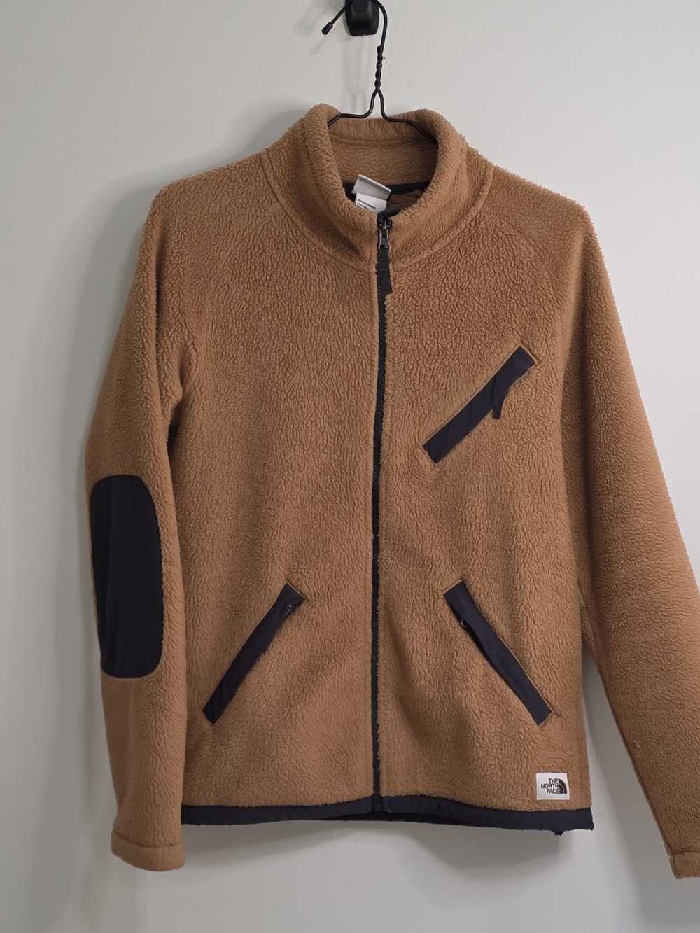 North Face Men's Brown/Navy Full Zip Jacket with Pockets and a Stand-Up Collar S